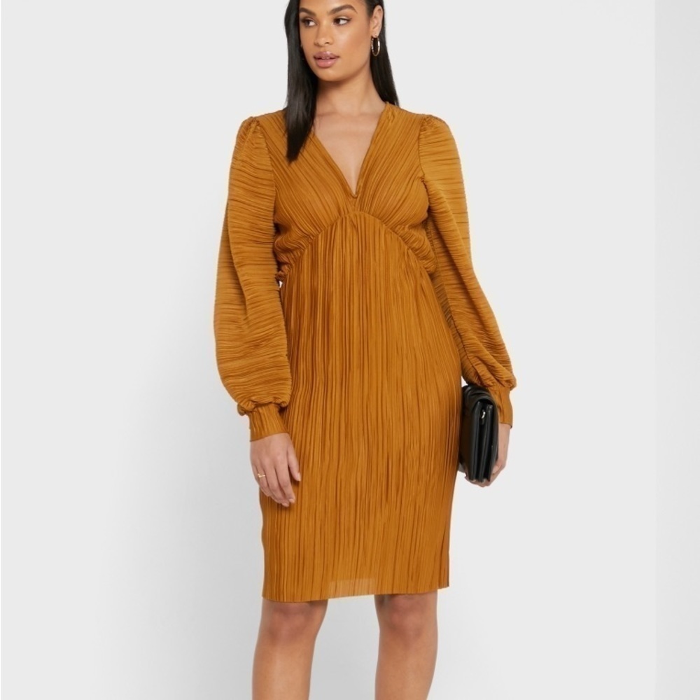 Vero Moda Balloon Sleeve Plisse Dress in Golden Brown. S. NWT.